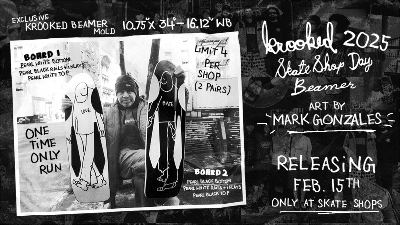 Krooked Mark Gonzales Skate Shop Day Hate Beamer Skateboard Deck 10.75"