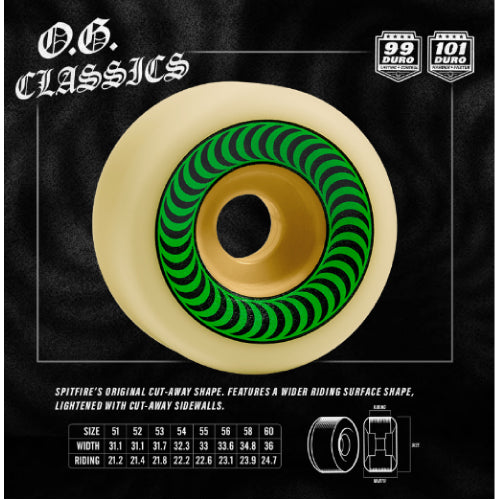 Spitfire Formula Four OG Classics Skateboard Wheels Natural/Green 52MM 99D