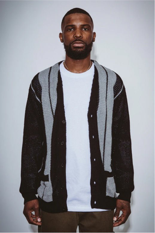 FA School Striped Cardigan Sweater - Black/Grey