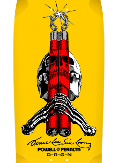 Powell Peralta X Bruce Lee Skull & Nunchucks Yellow Skateboard Deck 10.0" close
