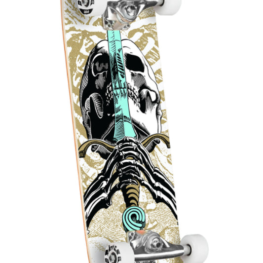 Powell Peralta Skull & Sword Complete Skateboard White/Gold 8" graphic