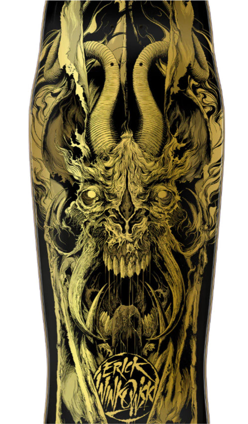 Santa Cruz Winkowski Primeval Shaped Gold Skateboard Deck 10.34" close up