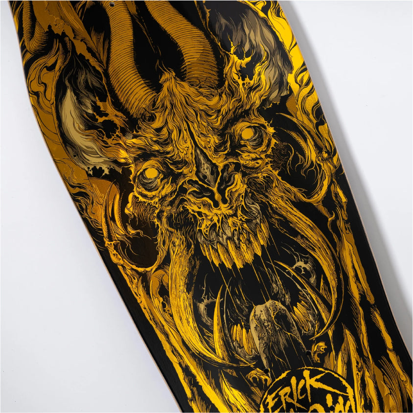 Santa Cruz Winkowski Primeval Shaped Gold Skateboard Deck 10.34" close