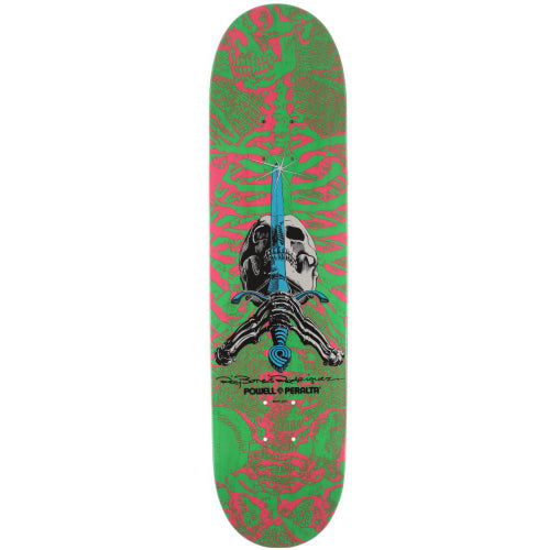 Powell Peralta Rodriguez Skull and Sword Skateboard Deck Green, Pink 8.0"