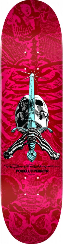 Powell Peralta Rodriguez Skull and Sword Skateboard Deck Red, Pink 8.5"