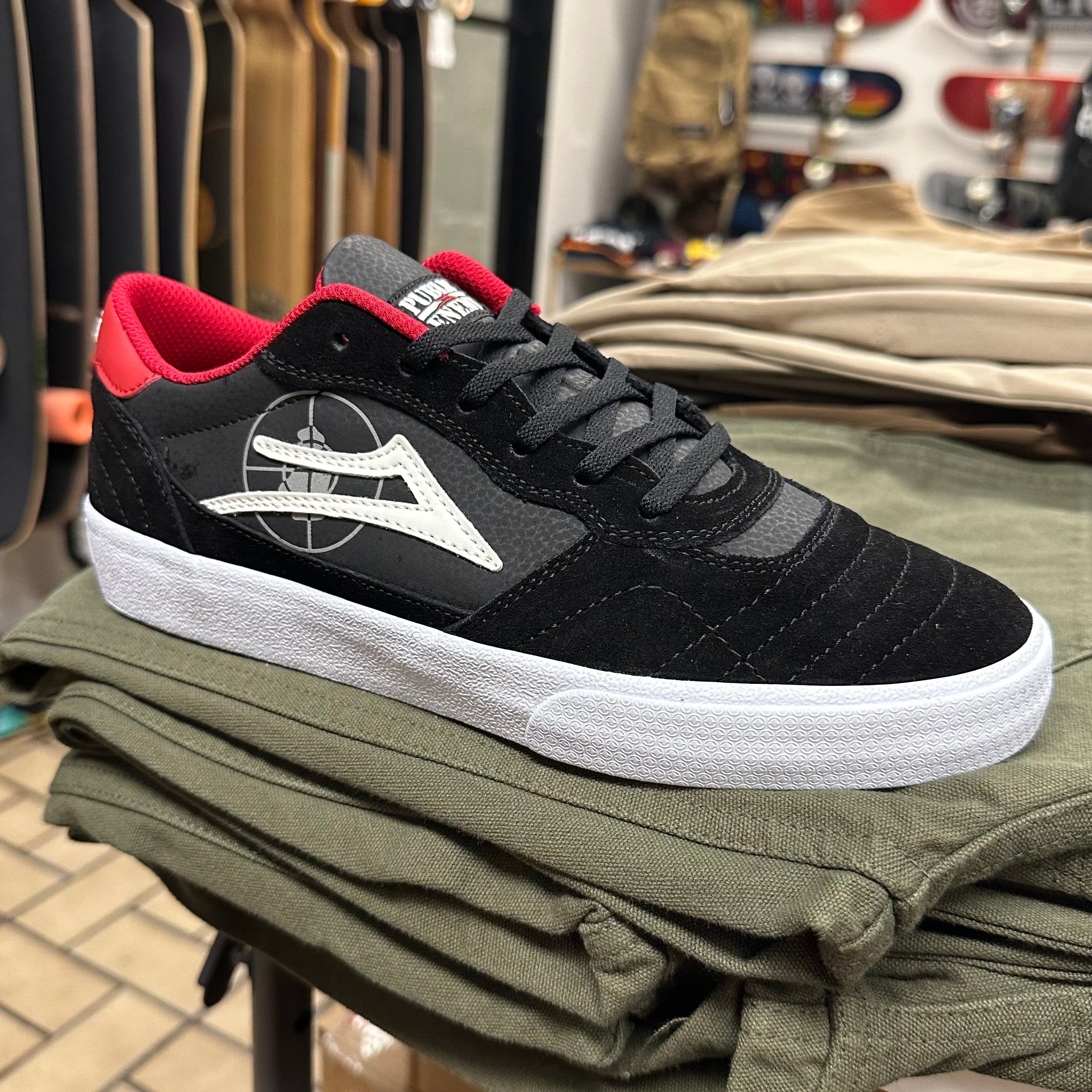 Lakai X Public Enemy Cambridge Skate Shoe Black Red Suede Anchors Skateshop