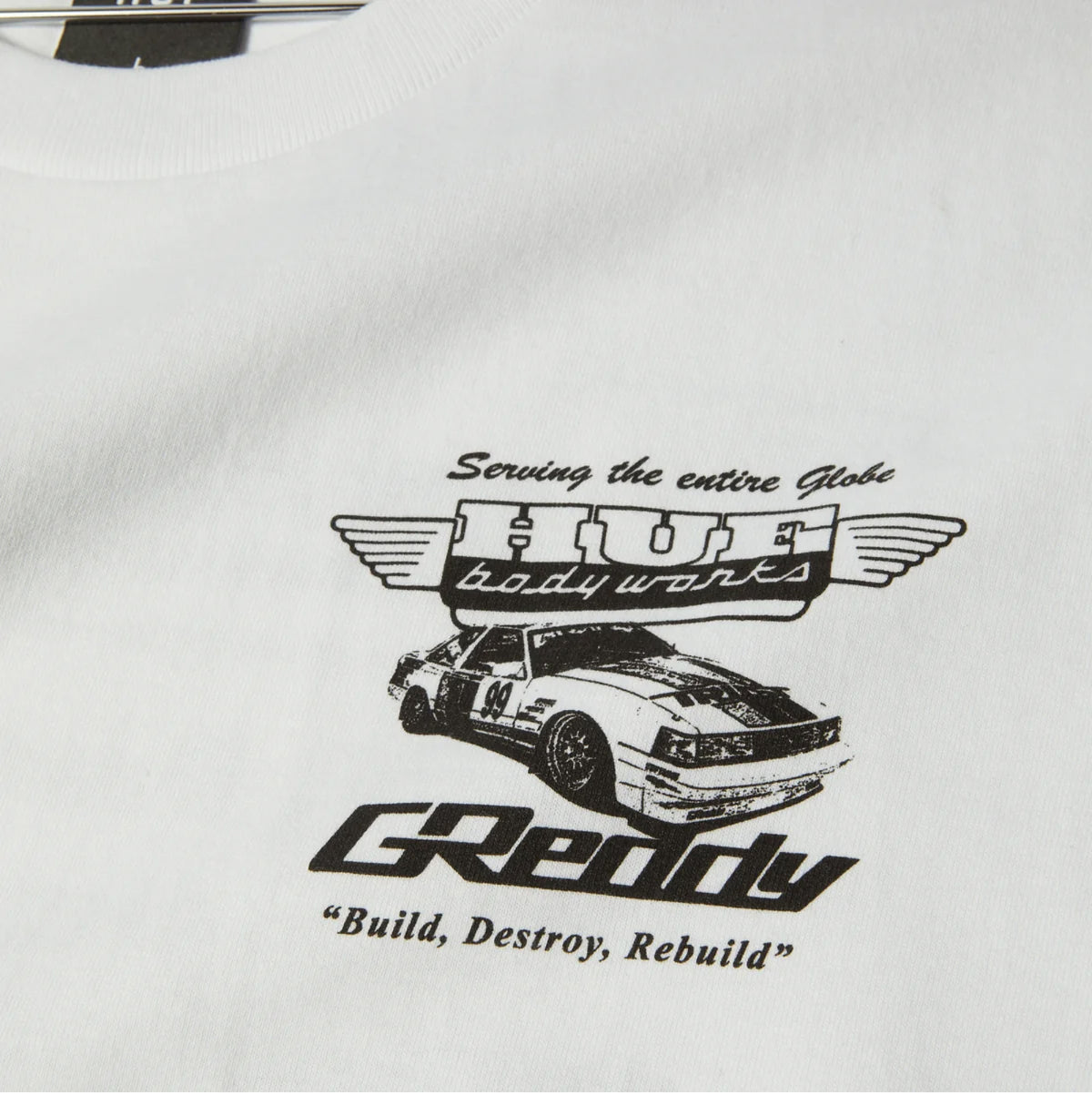 HUF X GReedy Body Works Tee - White front graphic