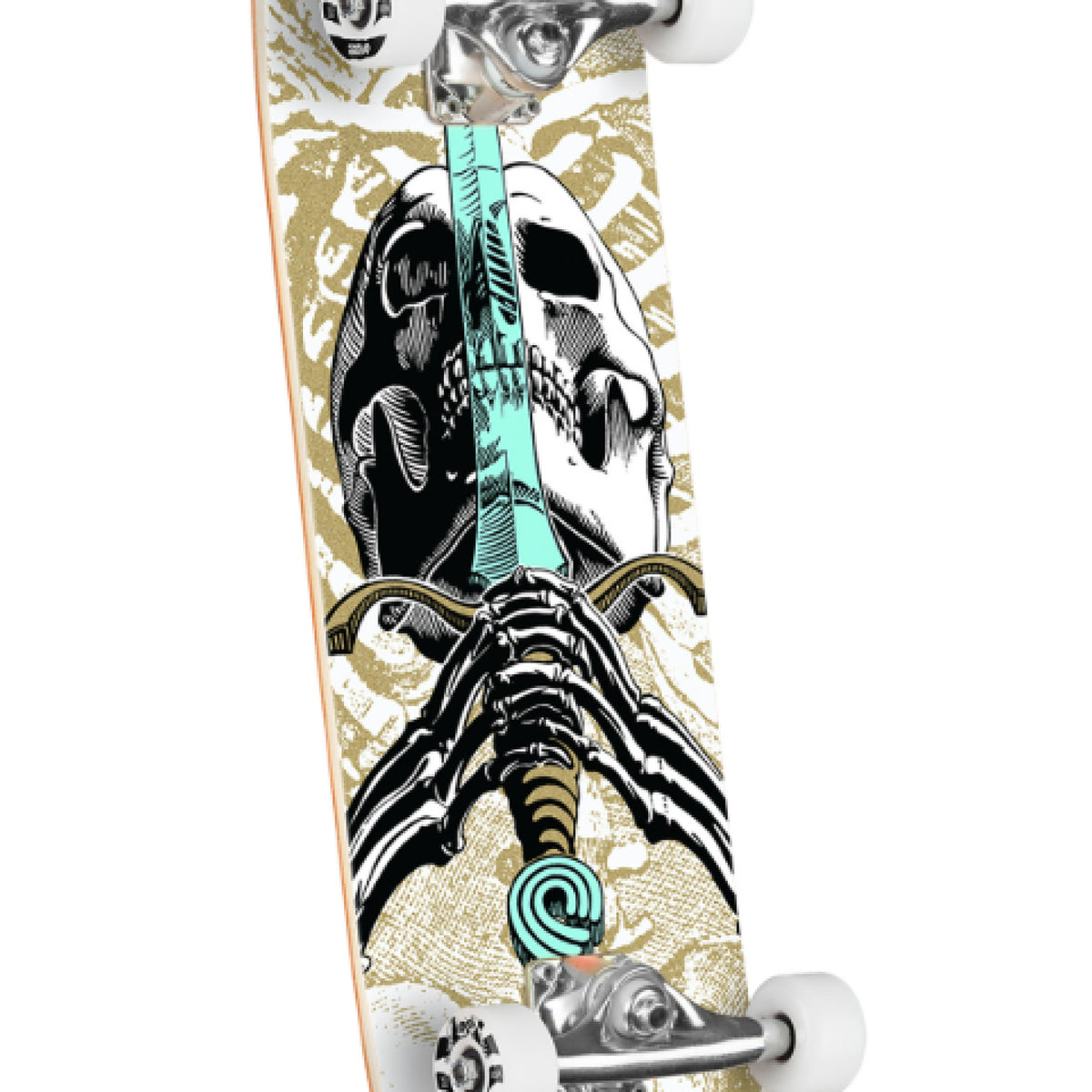 Powell Peralta Skull & Sword Complete Skateboard White/Gold 8" graphic