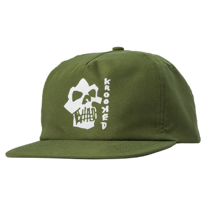 Krooked Skulls N Teeth Snapback Hat - Army Green/White front