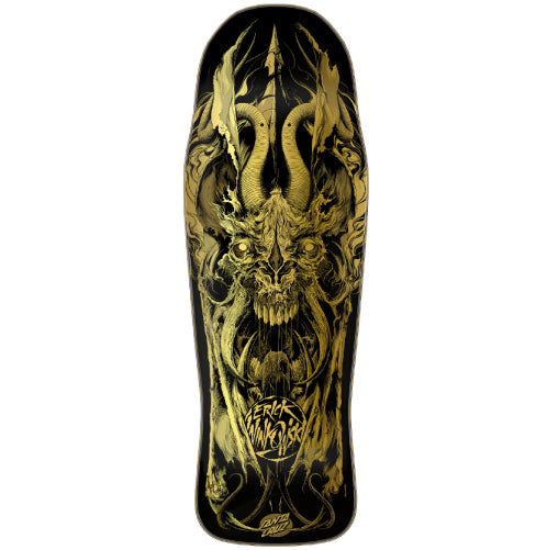 Santa Cruz Winkowski Primeval Shaped Gold Skateboard Deck 10.34" graphic