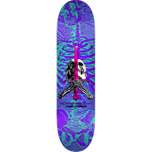 Powell Peralta Rodriguez Skull and Sword Skateboard Deck Turquoise, Purple 8.25"