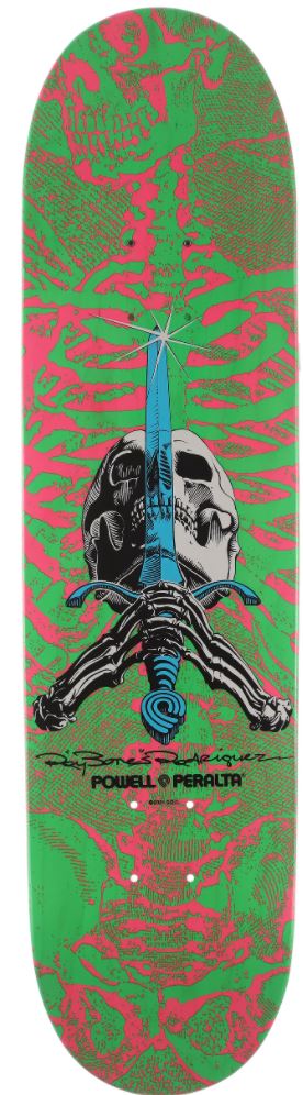 Powell Peralta Rodriguez Skull and Sword Skateboard Deck Green, Pink 8.0"