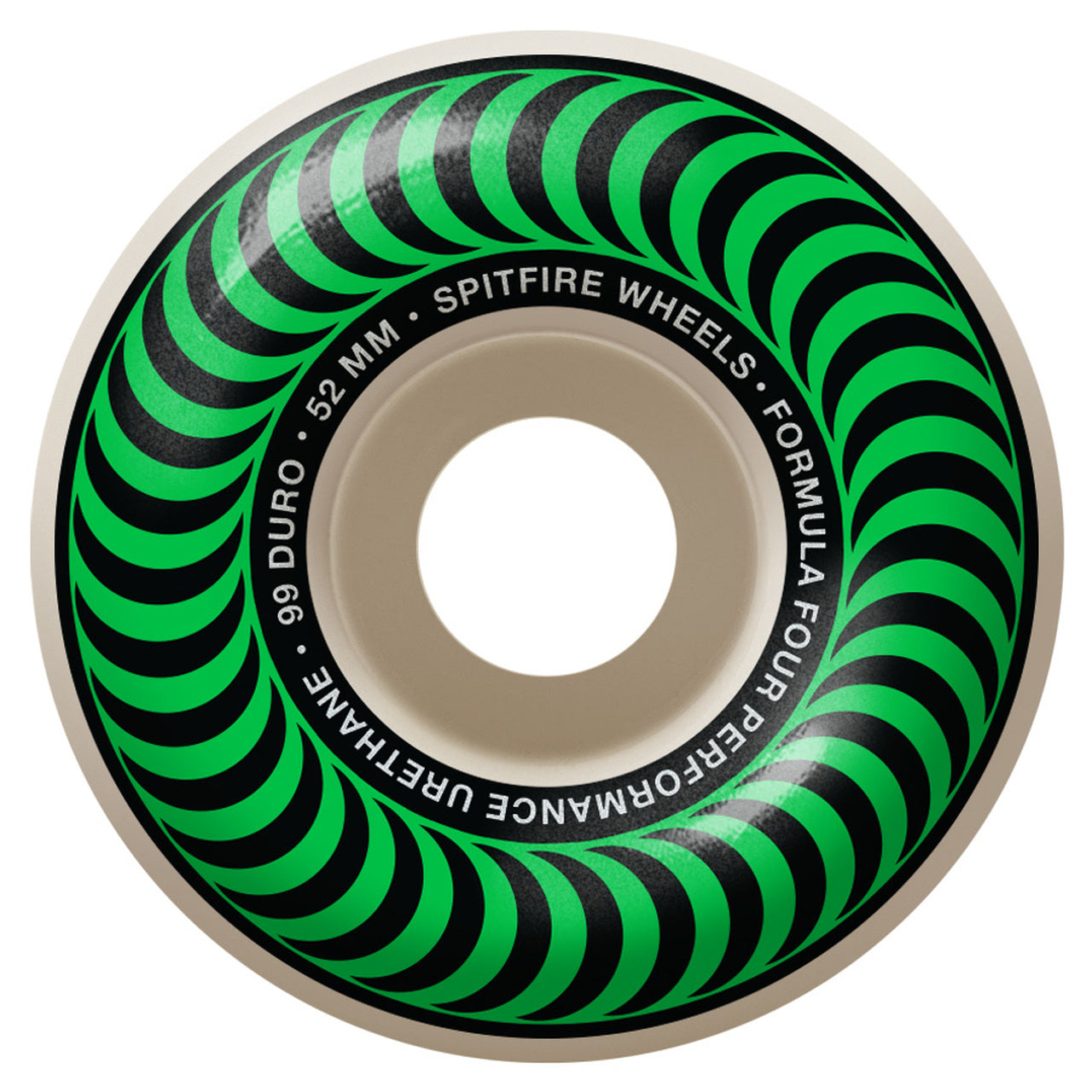 Spitfire Formula Four Classic Swirl Natural with Green Wheels 52MM