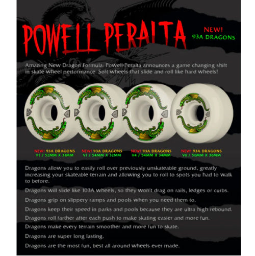 Powell Peralta Dragon Formula V1 Skateboard Wheels White 54MM x 32MM 93A